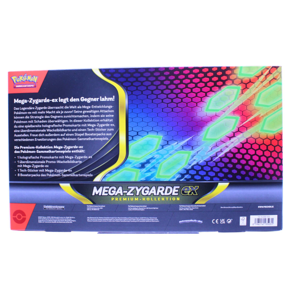 Rückansicht der Mega-Zygarde EX Premium-Kollektion mit Inhaltsbeschreibung (deutsch)